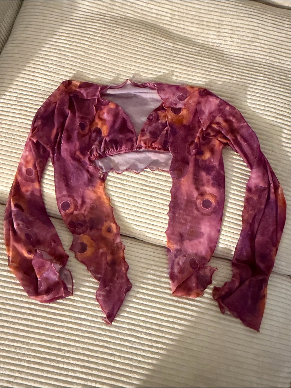 Cider Sheer Purple and Orange Ruffled Crop Shrug